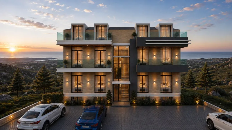 Front facade at sunset, with the sea behind