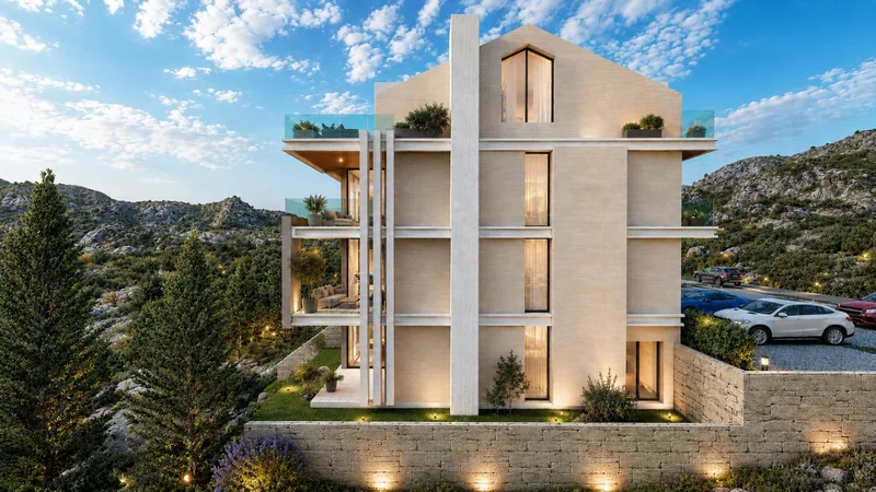 Side elevation with the gabled roof and terraces